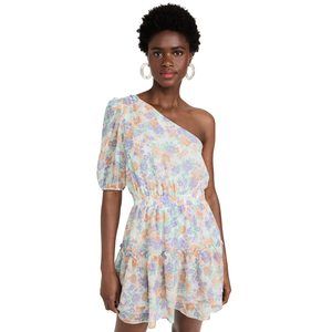 WAYF Women's One Shoulder Smocked Waist Tiered Mini Dress, Ivory Floral, L